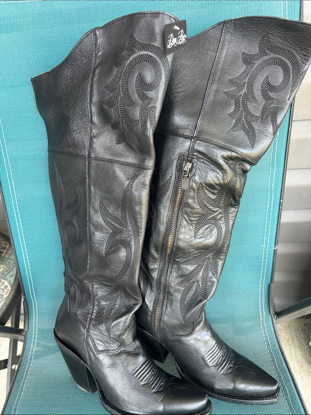 Dan Post Black Leather Over-the-Knee Western Boots with Embroidered Overlay